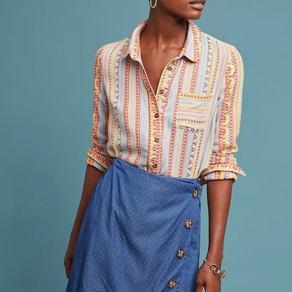 Anthropologie Mademoiselle Embroidered Boho Button Down Shirt Sz 6
